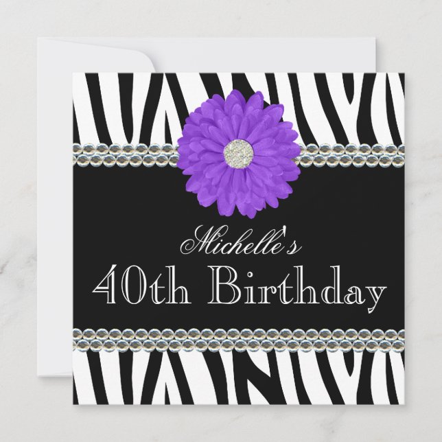 Zebra Purple Daisy Printed Gems 40th Birthday Invitation (Front)
