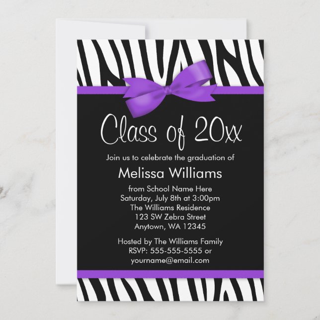 Zebra Purple Printed Bow Graduation Party Invitation (Front)