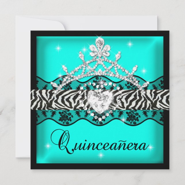 Zebra Quinceanera 15th Birthday Party Teal Lace Invitation (Front)