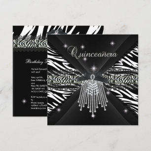Zebra Quinceanera 15th White Black Zebra Lace 3 Invitation