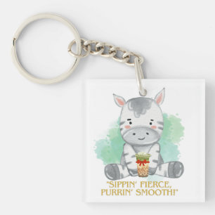 zebra quote cartoon drinking bobba tea keychain