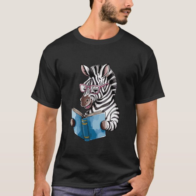 Zebra Reading Book Glasses Illustration T-Shirt (Front)