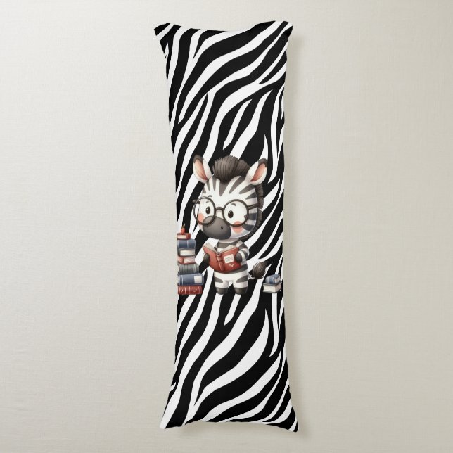 Zebra Reading Books. Body Pillow (Front Vertical)