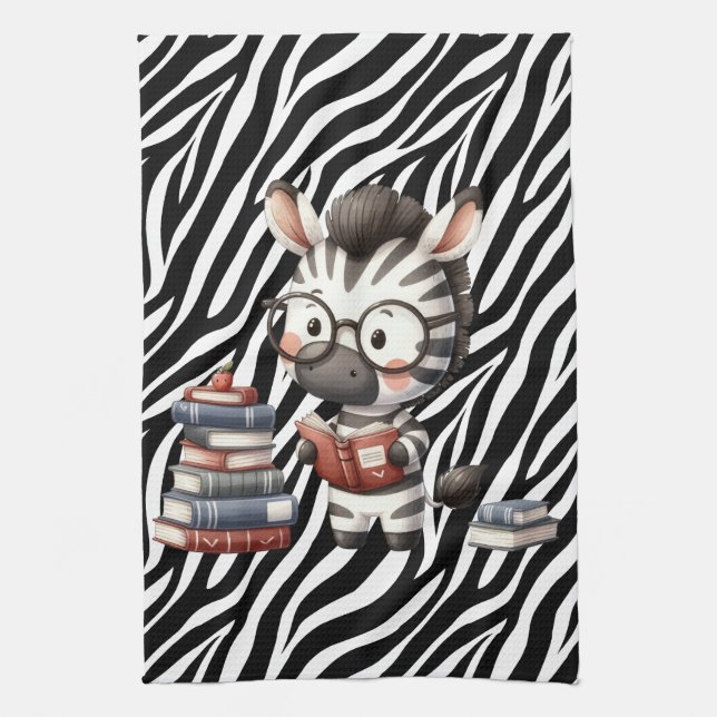 Zebra Reading Books. Kitchen Towel (Vertical)