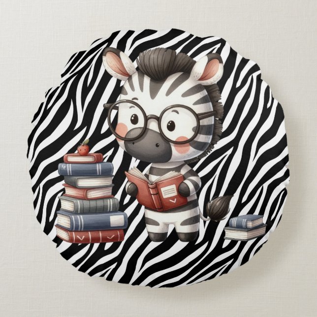 Zebra Reading Books. Round Pillow (Front)