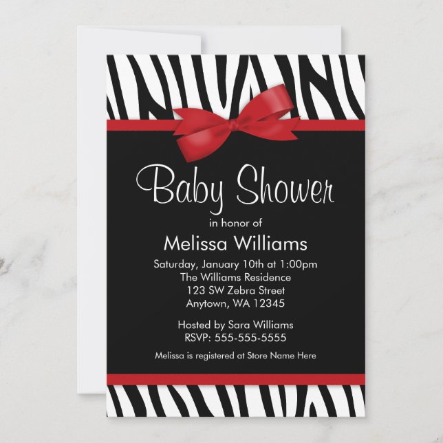 Zebra Red Printed Bow Baby Shower Invitation (Front)