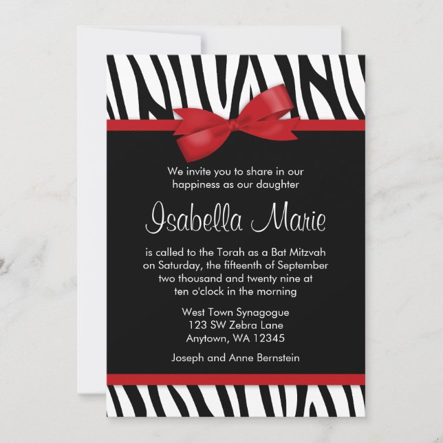 Zebra Red Printed Bow Bat Mitzvah Invitations (Front)