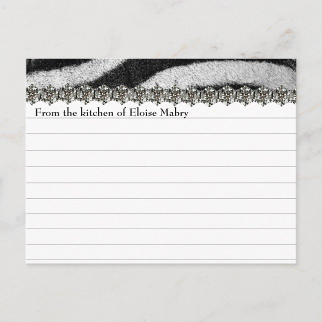 Zebra Rhinestone Look Personalized Recipe Cards (Front)