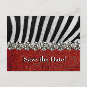 Zebra Rhinestone Red Leather Save the Date Announcement Postcard