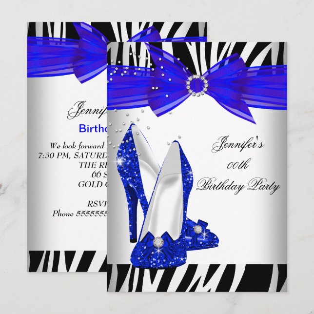 Zebra Royal Blue High Heel Black Birthday Party Invitation (Front/Back)