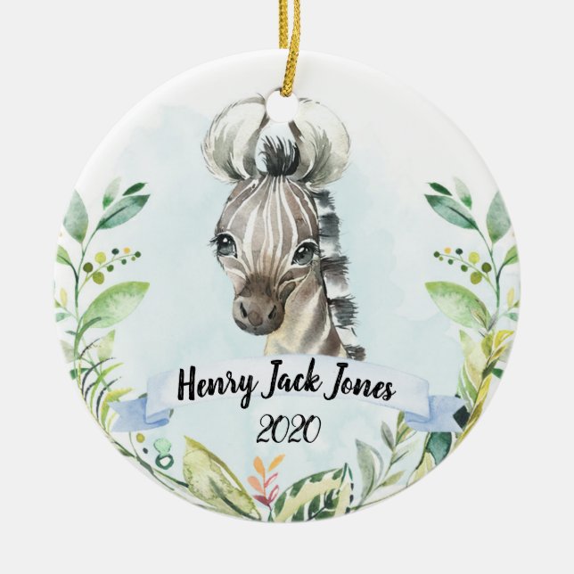 Zebra Safari Animal My First Christmas Boy Ceramic Ornament (Front)