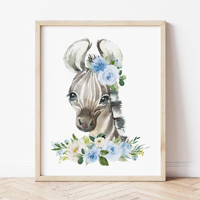 Zebra, Safari, Jungle, Blue Flowers, Boy Nursery Photo Print (Creator Uploaded)