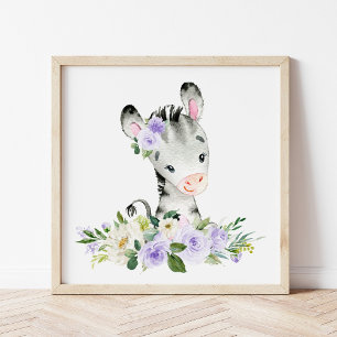 Zebra, Safari, Purple Flowers, Gender Neutral Poster