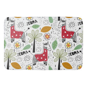 Zebra Safari themed Palm Tree, Flowers, doodle Bath Mat