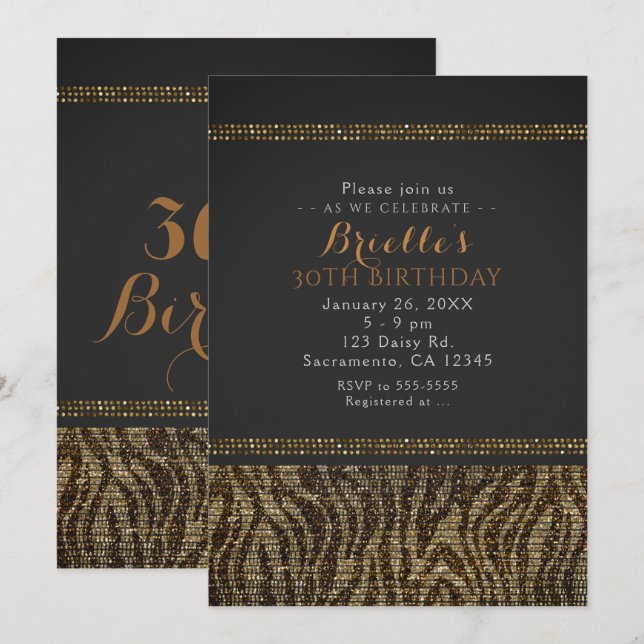 Zebra Sequins Sparkle Glam Chic Party Invitation (Devant / Derrière)