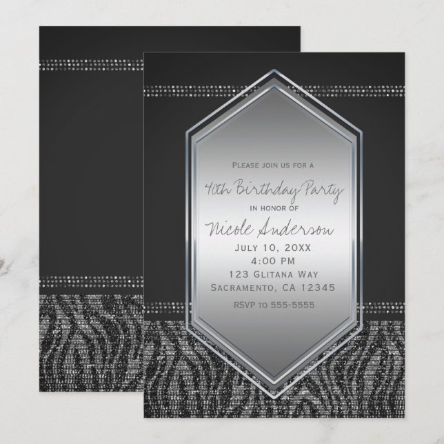 Zebra Silver Grey Glam Birthday Party Any Event Invitation (Front/Back)
