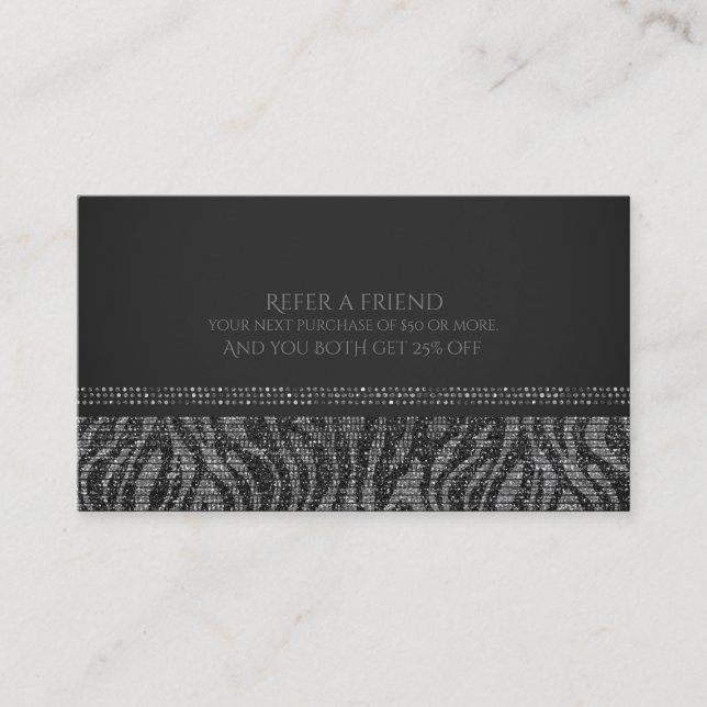 Zebra Silver Sparkle Glam Chic Refer a Friend Referral Card (Front)