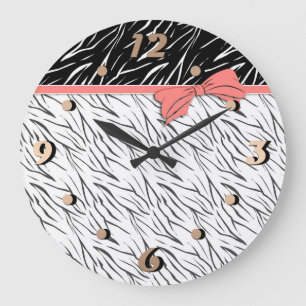 Zebra skin black white tiger leather stripes pink large clock