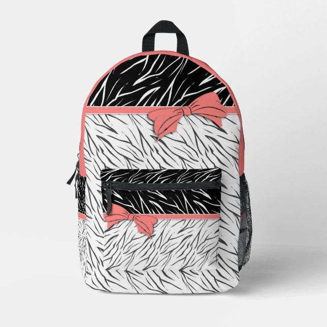 Zebra skin black white tiger leather stripes pink  printed backpack (Front)
