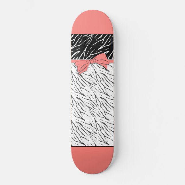 Zebra skin black white tiger leather stripes pink  skateboard (Front)
