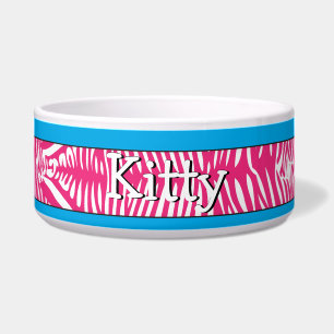 Zebra Skin Personalized Kitty Cat Bowl Aqua Trim