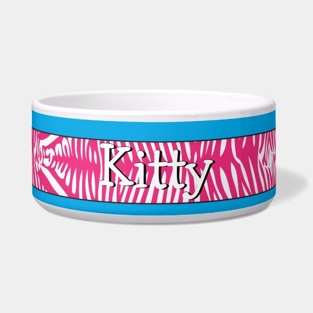 Zebra Skin Personalized Kitty Cat Bowl Aqua Trim (Front)