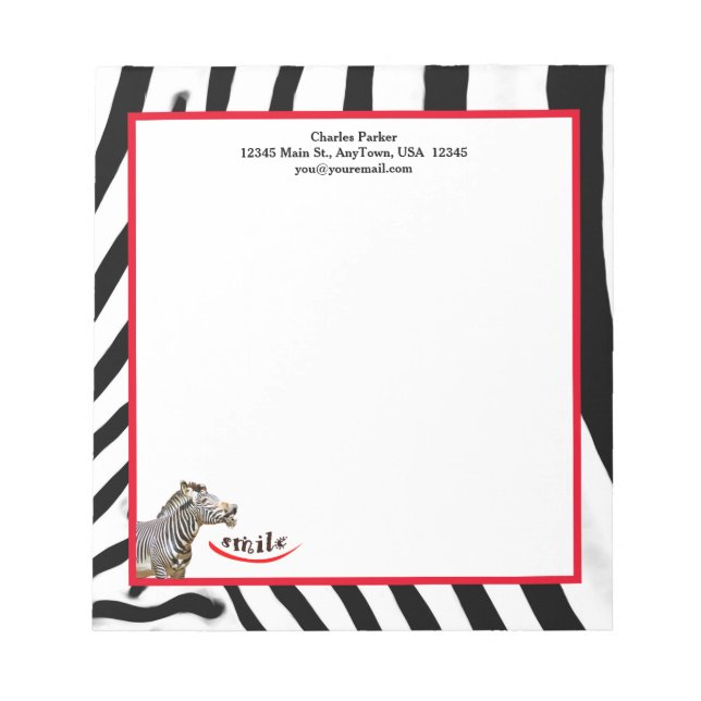 Zebra Smile Black/White/Red Customizable Notepad (Front)