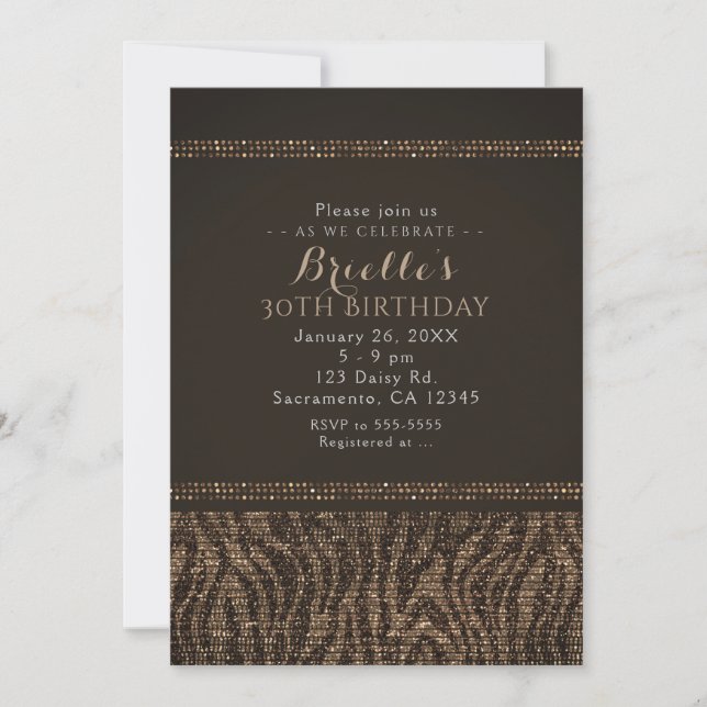 Zebra Sparkle Brown Gold Glam Party Invitations (Front)