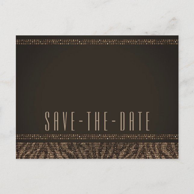 Zebra Sparkle Brown Gold Glam Save the Date Announcement Postcard (Front)
