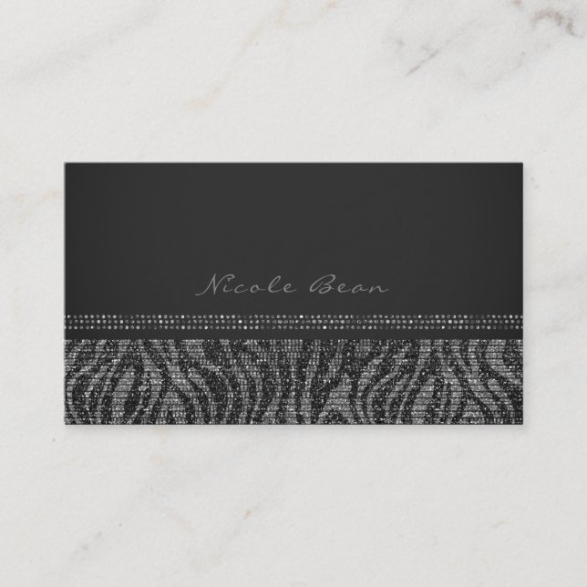 Zebra Sparkle Silver Black Glam Chic Elegant Bling Business Card (Front)