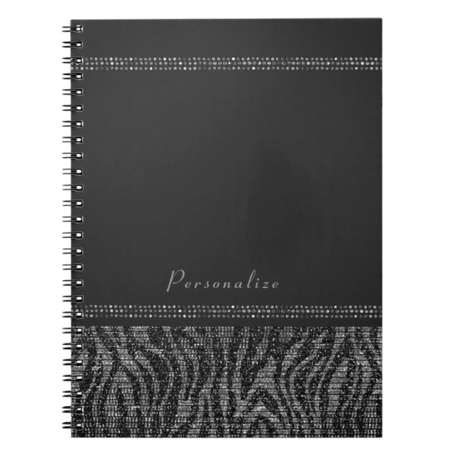 Zebra Sparkle Silver & Black Glam Elegant Bling Notebook (Front)