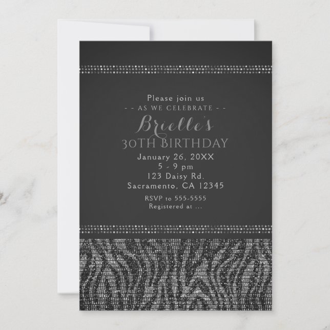 Zebra Sparkle Silver & Black Glam Party Invitation (Front)