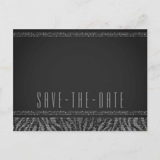 Zebra Sparkle Silver & Black Glam Save the Date Announcement Postcard (Front)