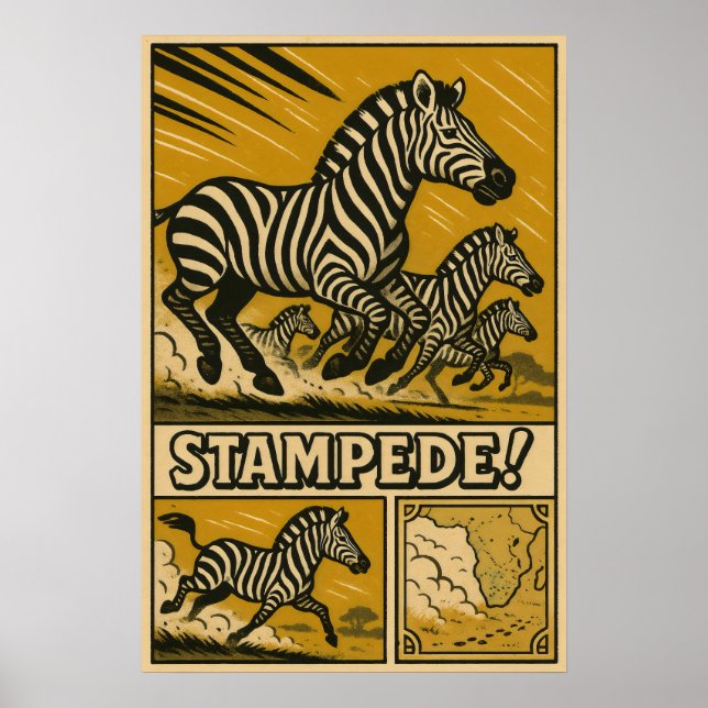 Zebra Stampede Retro Safari Art Poster (Front)