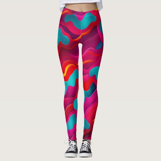 Zebra Strides waves Pink Navy Rainbow Pattern Leggings (Front)