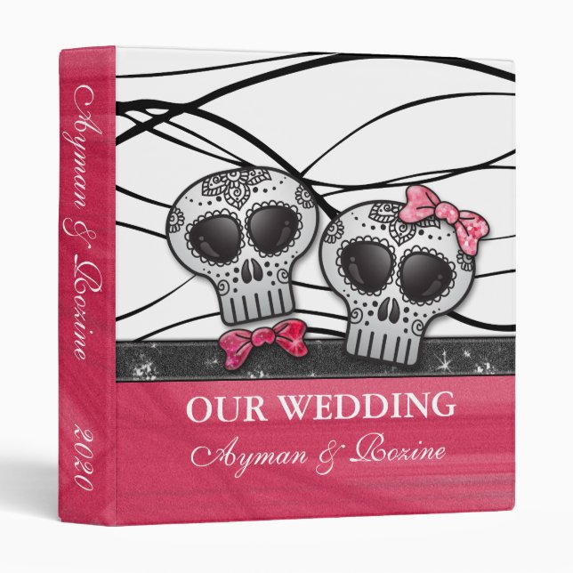 Zebra Stripe Animal Print Hot Pink Glitter Skulls Binder (Front/Spine)