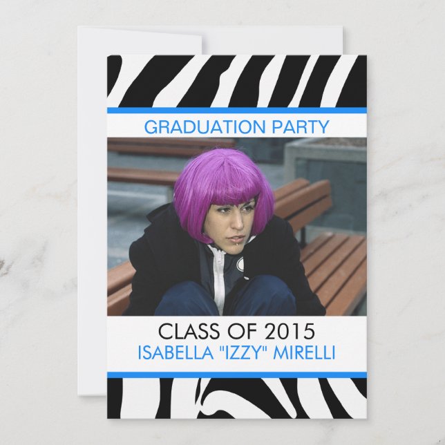 Zebra Stripe Graduation Party Invitation Blue (Front)
