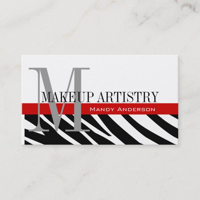 Zebra Stripe Pattern Monogram Make Up Artist Business Card (Front)