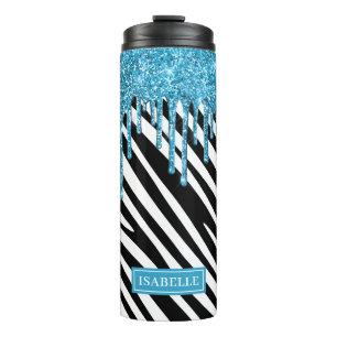Zebra Stripe Pattern with Blue Glitter Drip Thermal Tumbler