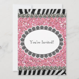 Zebra Stripe Pink Glitter Girl Birthday Invitation