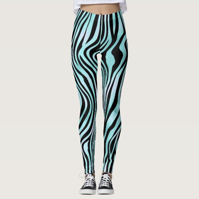 Zebra Stripe Turquoise Teal and Black Leggings (Front)