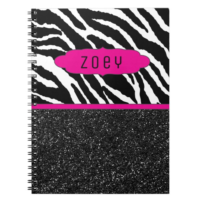 Zebra Stripe w/Glitter  Pink Personalized Notebook (Front)