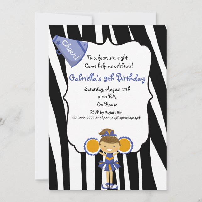 Zebra Striped Blue Cheerleader Birthday Invite (Front)