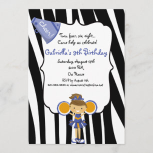 Zebra Striped Blue Cheerleader Birthday Invite