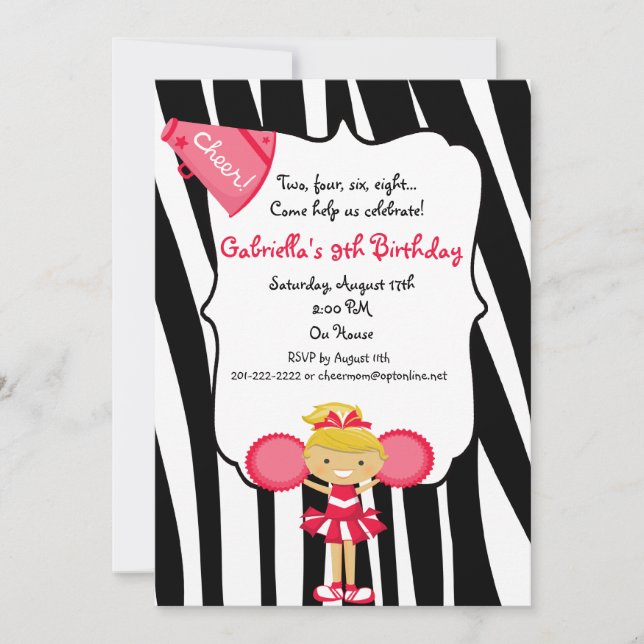 Zebra Striped Red Cheerleader Birthday Invite (Front)