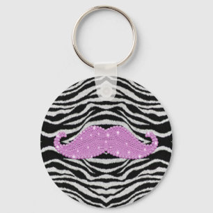 Zebra Stripes And Pink Bling Moustache Keychain