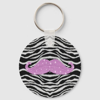 Zebra Stripes And Pink Bling Moustache Keychain