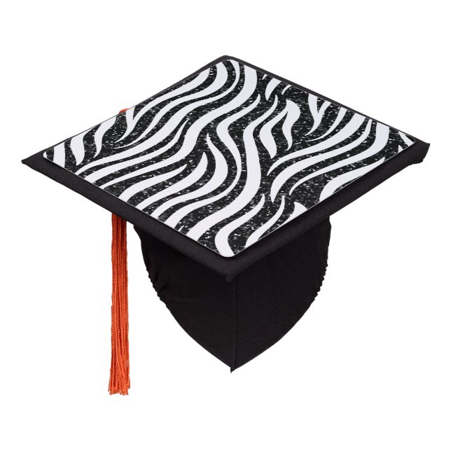 Zebra Stripes Black Glitter Wild Animals Print Graduation Cap Topper (Angled)