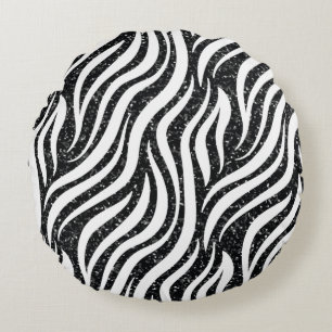 Zebra Stripes Black Glitter Wild Animals Print Round Pillow