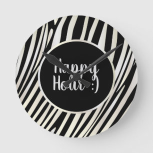 Zebra Stripes Black & White Pattern Happy Hour! Round Clock